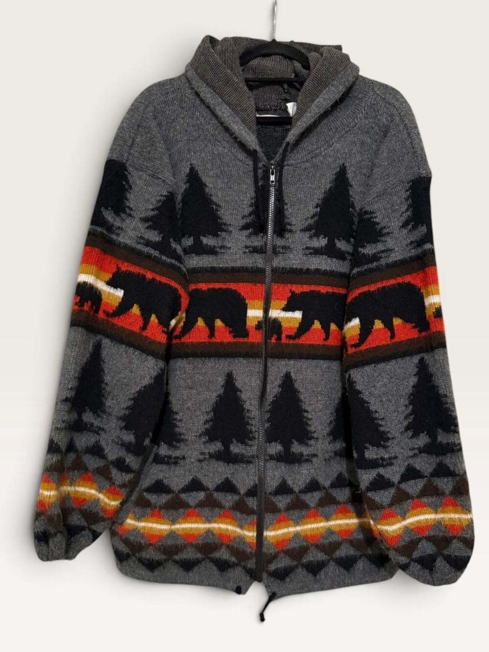 Heavy Knit Bear Landscape Hooded Jacket Cabin Core Gorpcore Woodland Aztec Zip L